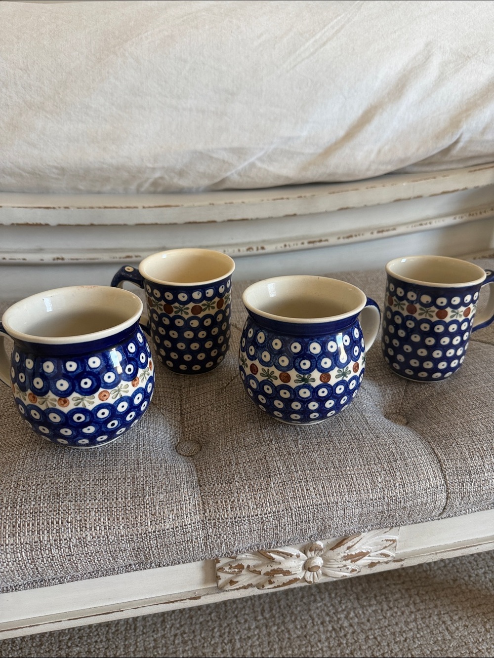 Set of 4 Polish Pottery mugs. One of the OG patterns. No cracks.